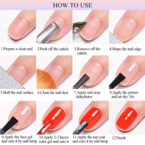 Ensemble de 5 vernis à ongles en gel, 7ml Set d'art d'ongle sans-acide, apprêt, produit déshydratant, base et couche de finition, aucune nécessité de lampe UV ou LED. Set de vernis à ongles mat, couche supérieure avec effet de polissage, dégraissant pour vernis à ongles en gel. Enveloppe pour vernis à ongle en gel avec lumière UV ou LED. Kit de manucure de vernis à ongle en gel pour les femmes, pour un usage domestique ou en salon de beauté, incluant des fournitures pour les ongles et de l'art DIY des ongles, un cadeau parfait