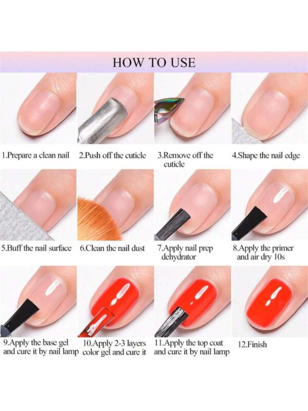 Ensemble de 5 vernis à ongles en gel, 7ml Set d'art d'ongle sans-acide, apprêt, produit déshydratant, base et couche de finition, aucune nécessité de lampe UV ou LED. Set de vernis à ongles mat, couche supérieure avec effet de polissage, dégraissant pour vernis à ongles en gel. Enveloppe pour vernis à ongle en gel avec lumière UV ou LED. Kit de manucure de vernis à ongle en gel pour les femmes, pour un usage domestique ou en salon de beauté, incluant des fournitures pour les ongles et de l'art DIY des ongles, un cadeau parfait – Image 19