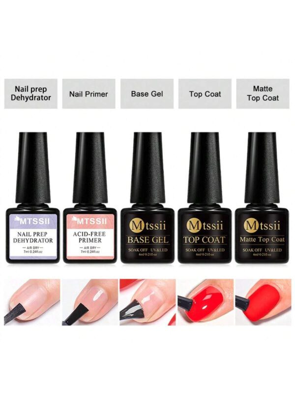 Ensemble de 5 vernis à ongles en gel, 7ml Set d'art d'ongle sans-acide, apprêt, produit déshydratant, base et couche de finition, aucune nécessité de lampe UV ou LED. Set de vernis à ongles mat, couche supérieure avec effet de polissage, dégraissant pour vernis à ongles en gel. Enveloppe pour vernis à ongle en gel avec lumière UV ou LED. Kit de manucure de vernis à ongle en gel pour les femmes, pour un usage domestique ou en salon de beauté, incluant des fournitures pour les ongles et de l'art DIY des ongles, un cadeau parfait – Image 21
