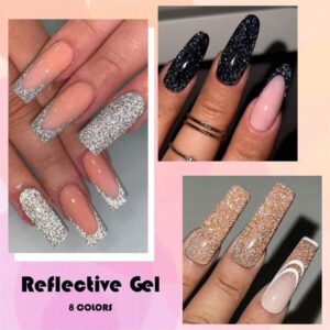 MEET ACROSS 8 pièces Ensemble de vernis à ongles gel pailleté argenté et doré de 7 ml Rouge Noir Brillant Scintillant Fournitures pour ongles Semi-permanent Trempage UV Gel Effet Étincelle Manucure Avec Boîte Cadeau