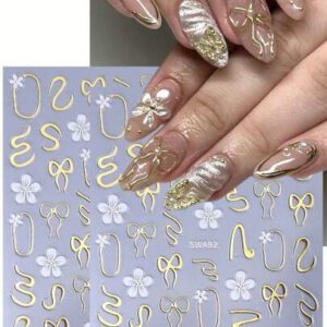 3D Autocollants d'ongles Fleurs en or blanc 2 pièces Cadre photo nœud métallique Lignes de graffiti asymétriques Motif de pétales floraux Design Printemps Été Style Y2K Décorations d'ongles autoadhésives Holographiques Décalcomanies Manucure de salon