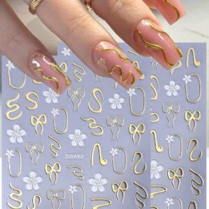 3D Autocollants d'ongles Fleurs en or blanc 2 pièces Cadre photo nœud métallique Lignes de graffiti asymétriques Motif de pétales floraux Design Printemps Été Style Y2K Décorations d'ongles autoadhésives Holographiques Décalcomanies Manucure de salon