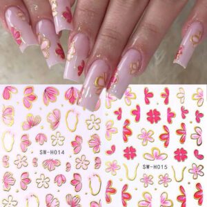 3D Autocollants d'ongles Fleurs en or blanc 2 pièces Cadre photo nœud métallique Lignes de graffiti asymétriques Motif de pétales floraux Design Printemps Été Style Y2K Décorations d'ongles autoadhésives Holographiques Décalcomanies Manucure de salon