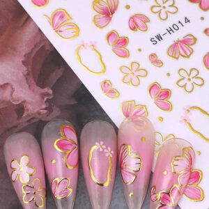 3D Autocollants d'ongles Fleurs en or blanc 2 pièces Cadre photo nœud métallique Lignes de graffiti asymétriques Motif de pétales floraux Design Printemps Été Style Y2K Décorations d'ongles autoadhésives Holographiques Décalcomanies Manucure de salon