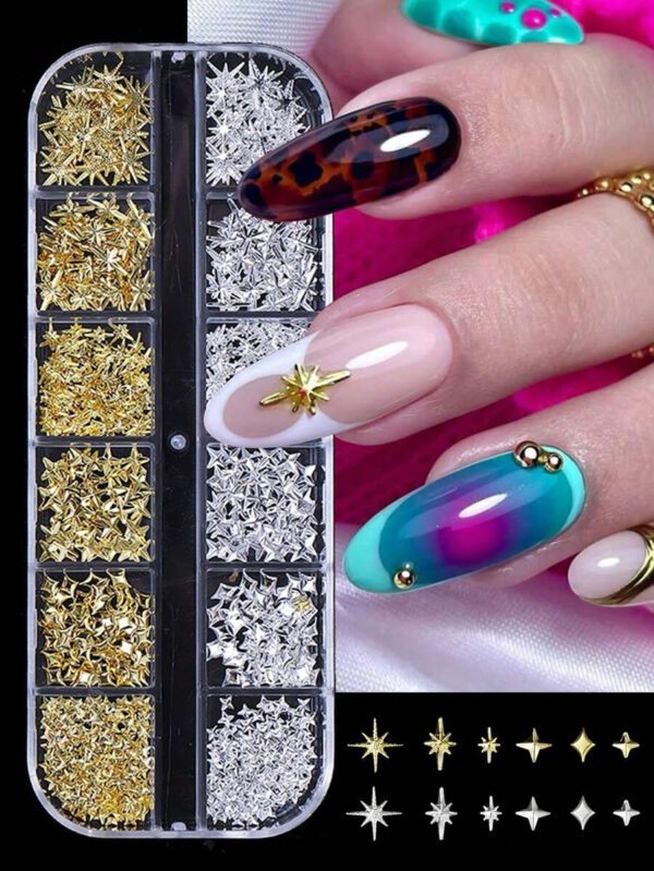 12 grilles Mélange de styles Y2K Rivets pour ongles Étoiles dorées/argentées Petits charms pour ongles Astérismes Décorations d'ongles Accessoires Fournitures de manucure Styles japonais Pièces pour ongles Pierres précieuses pour ongles – Image 2