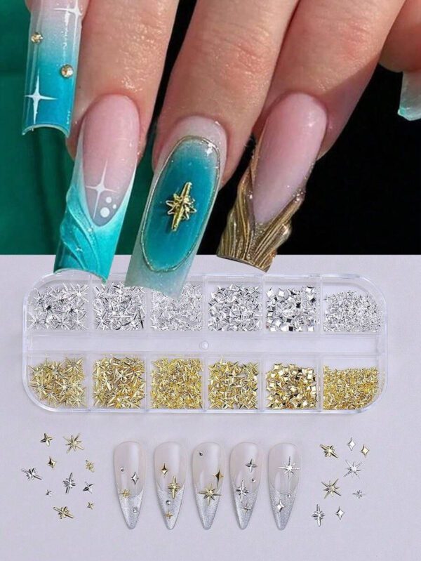 12 grilles Mélange de styles Y2K Rivets pour ongles Étoiles dorées/argentées Petits charms pour ongles Astérismes Décorations d'ongles Accessoires Fournitures de manucure Styles japonais Pièces pour ongles Pierres précieuses pour ongles – Image 3