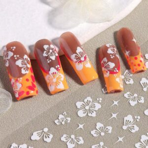 2 pièces Autocollants d'ongles 3D fleurs d'hibiscus, décoration d'été fleurs roses et blanches, décalcomanies d'ongles feuilles tropicales, feuilles de manucure