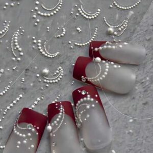 1 pièce 5D Autocollants de décoration pour nail art de style rétro japonais avec ligne de perles blanches et cristaux, DIY