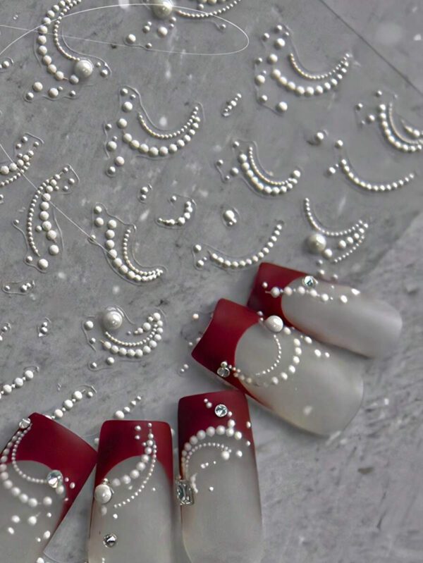 1 pièce 5D Autocollants de décoration pour nail art de style rétro japonais avec ligne de perles blanches et cristaux, DIY – Image 3