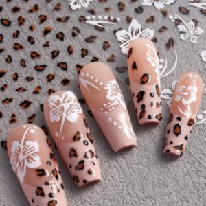 2 pièces Autocollants d'ongles 3D fleurs d'hibiscus, décoration d'été fleurs roses et blanches, décalcomanies d'ongles feuilles tropicales, feuilles de manucure