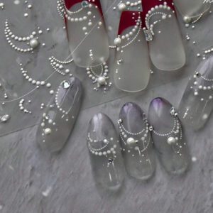 1 pièce 5D Autocollants de décoration pour nail art de style rétro japonais avec ligne de perles blanches et cristaux, DIY