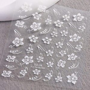 2 pièces Autocollants d'ongles 3D fleurs d'hibiscus, décoration d'été fleurs roses et blanches, décalcomanies d'ongles feuilles tropicales, feuilles de manucure