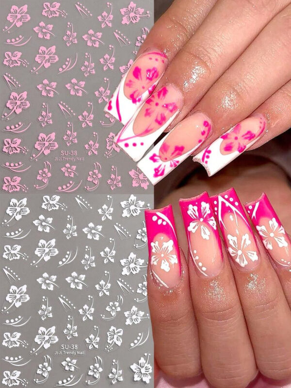 2 pièces Autocollants d'ongles 3D fleurs d'hibiscus, décoration d'été fleurs roses et blanches, décalcomanies d'ongles feuilles tropicales, feuilles de manucure – Image 31