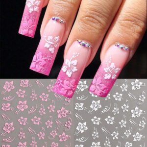 2 pièces Autocollants d'ongles 3D fleurs d'hibiscus, décoration d'été fleurs roses et blanches, décalcomanies d'ongles feuilles tropicales, feuilles de manucure