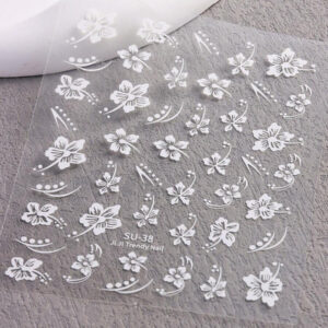 2 pièces Autocollants d'ongles 3D fleurs d'hibiscus, décoration d'été fleurs roses et blanches, décalcomanies d'ongles feuilles tropicales, feuilles de manucure