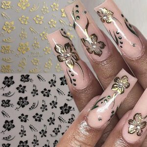 2 pièces Autocollants d'ongles 3D fleurs d'hibiscus, décoration d'été fleurs roses et blanches, décalcomanies d'ongles feuilles tropicales, feuilles de manucure