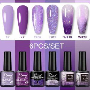 Ensemble de vernis à ongles en gel FTMY de 6 pièces - Kit de vernis à gel de 6 couleurs avec couche de base et couche supérieure mate ou brillante, cadeau pour femmes de la série violette