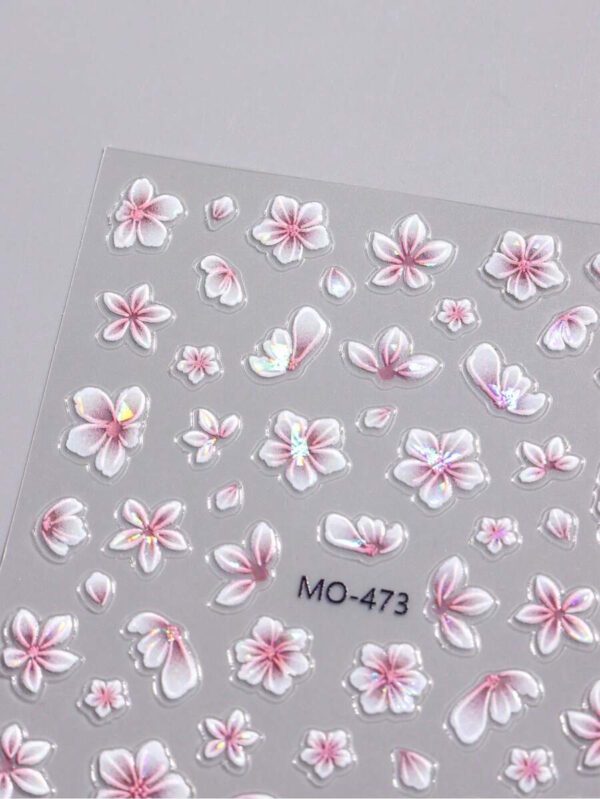 2 pièces Autocollants pour ongles fleurs de camélia rose aurore, fleurs de cerisier holographiques gaufrées, accessoires de mariage pour ongles, décalcomanies décoratives. Appliquez une couche de vernis à ongles transparent ou de top coat sur la surface et vos ongles auront un aspect plus beau et les autocollants pour ongles dureront plus longtemps. – Image 3