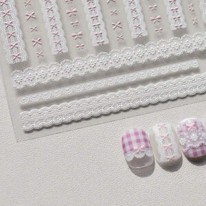 1 pièce Stickers d'art d'ongle 5D, autocollants d'art d'ongle auto-adhésifs de cœur de dentelle rose de nœud papillon doux, autocollants de manucure DIY