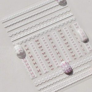 1 pièce Stickers d'art d'ongle 5D, autocollants d'art d'ongle auto-adhésifs de cœur de dentelle rose de nœud papillon doux, autocollants de manucure DIY