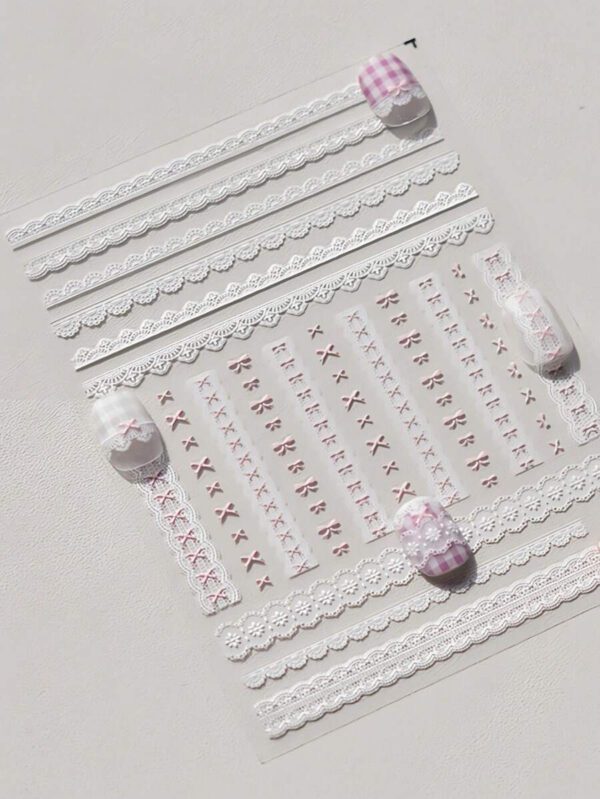 1 pièce Stickers d'art d'ongle 5D, autocollants d'art d'ongle auto-adhésifs de cœur de dentelle rose de nœud papillon doux, autocollants de manucure DIY – Image 3