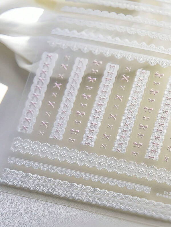 1 pièce Stickers d'art d'ongle 5D, autocollants d'art d'ongle auto-adhésifs de cœur de dentelle rose de nœud papillon doux, autocollants de manucure DIY – Image 4