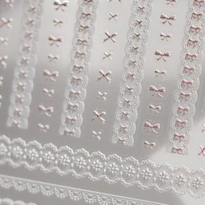 1 pièce Stickers d'art d'ongle 5D, autocollants d'art d'ongle auto-adhésifs de cœur de dentelle rose de nœud papillon doux, autocollants de manucure DIY