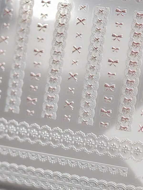 1 pièce Stickers d'art d'ongle 5D, autocollants d'art d'ongle auto-adhésifs de cœur de dentelle rose de nœud papillon doux, autocollants de manucure DIY – Image 5