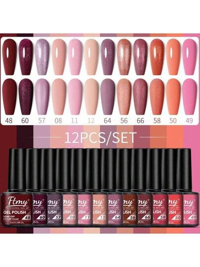 Kit De Vernis À Ongles Gel Ftmy 12 Pièces/ensemble : Ensemble De Vernis Gel 12 Couleurs, Couche De Base Et Couche De Finition Sans Essuyage Et Couche De Finition Mate Et Brillante, Ensemble De Couleurs Variées Pour Cadeau Pour Femme