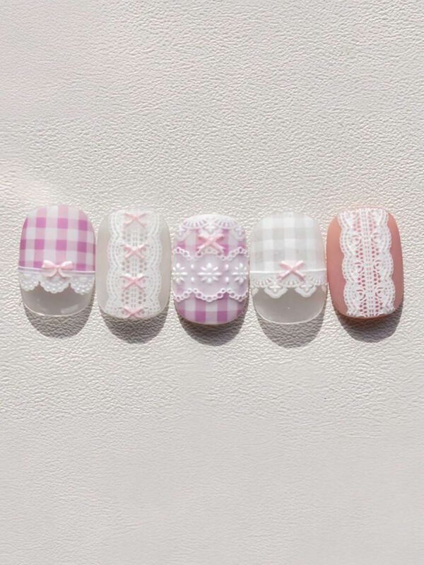 1 pièce Stickers d'art d'ongle 5D, autocollants d'art d'ongle auto-adhésifs de cœur de dentelle rose de nœud papillon doux, autocollants de manucure DIY – Image 7