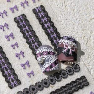 1 pièce Stickers d'art d'ongle 5D, autocollants d'art d'ongle auto-adhésifs de cœur de dentelle rose de nœud papillon doux, autocollants de manucure DIY
