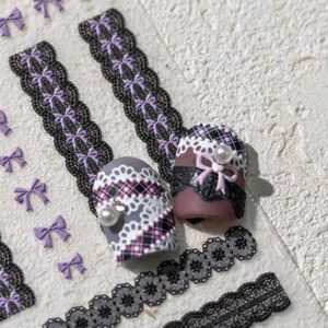 1 pièce Stickers d'art d'ongle 5D, autocollants d'art d'ongle auto-adhésifs de cœur de dentelle rose de nœud papillon doux, autocollants de manucure DIY