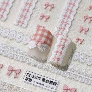 1 pièce Stickers d'art d'ongle 5D, autocollants d'art d'ongle auto-adhésifs de cœur de dentelle rose de nœud papillon doux, autocollants de manucure DIY