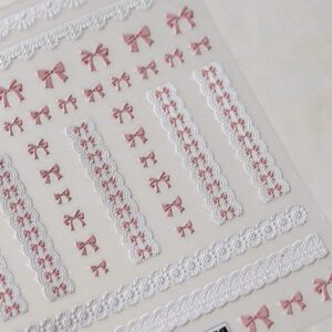 1 pièce Stickers d'art d'ongle 5D, autocollants d'art d'ongle auto-adhésifs de cœur de dentelle rose de nœud papillon doux, autocollants de manucure DIY