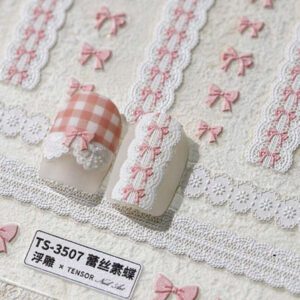 1 pièce Stickers d'art d'ongle 5D, autocollants d'art d'ongle auto-adhésifs de cœur de dentelle rose de nœud papillon doux, autocollants de manucure DIY