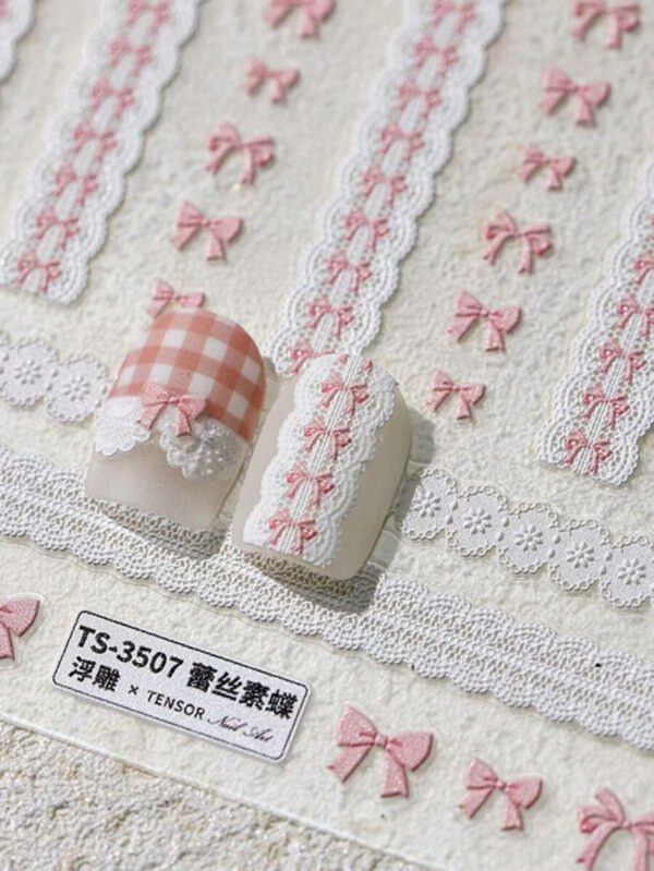 1 pièce Stickers d'art d'ongle 5D, autocollants d'art d'ongle auto-adhésifs de cœur de dentelle rose de nœud papillon doux, autocollants de manucure DIY – Image 22