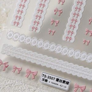 1 pièce Stickers d'art d'ongle 5D, autocollants d'art d'ongle auto-adhésifs de cœur de dentelle rose de nœud papillon doux, autocollants de manucure DIY