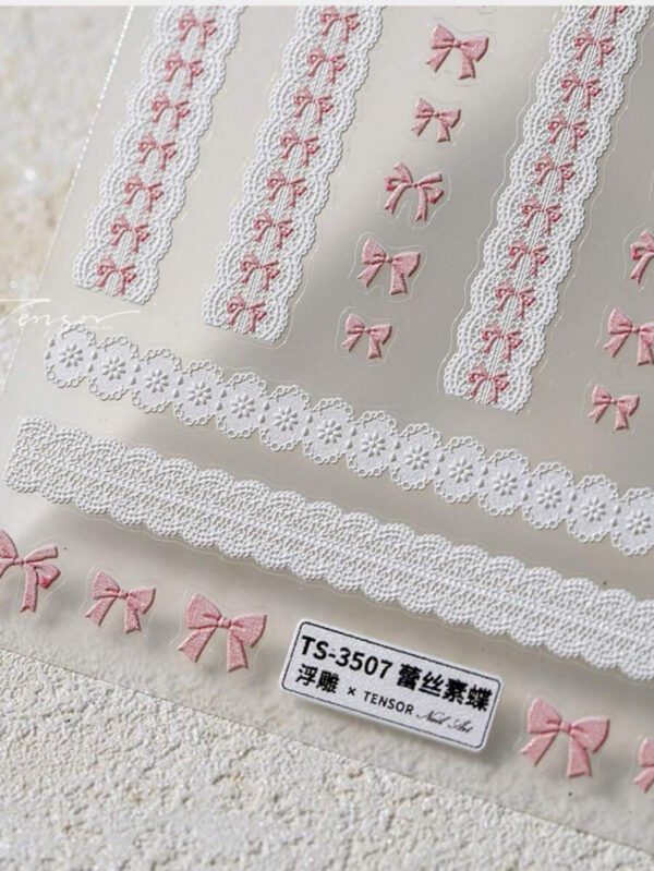 1 pièce Stickers d'art d'ongle 5D, autocollants d'art d'ongle auto-adhésifs de cœur de dentelle rose de nœud papillon doux, autocollants de manucure DIY – Image 23