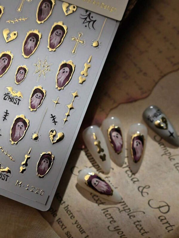 1/2/4 pièces [Cadre photo fantôme Journal] Autocollants pour ongles Style fantôme en relief estampé à chaud pour Halloween, autocollants adhésifs imperméables, mignons et sombres pour femmes – Image 4