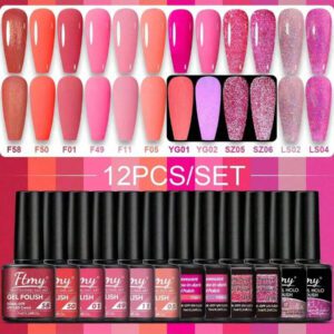 Kit De Vernis À Ongles Gel Ftmy 12 Pièces/ensemble : Ensemble De Vernis Gel 12 Couleurs, Couche De Base Et Couche De Finition Sans Essuyage Et Couche De Finition Mate Et Brillante, Ensemble De Couleurs Variées Pour Cadeau Pour Femme