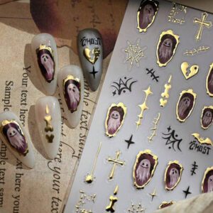 1/2/4 pièces [Cadre photo fantôme Journal] Autocollants pour ongles Style fantôme en relief estampé à chaud pour Halloween, autocollants adhésifs imperméables, mignons et sombres pour femmes