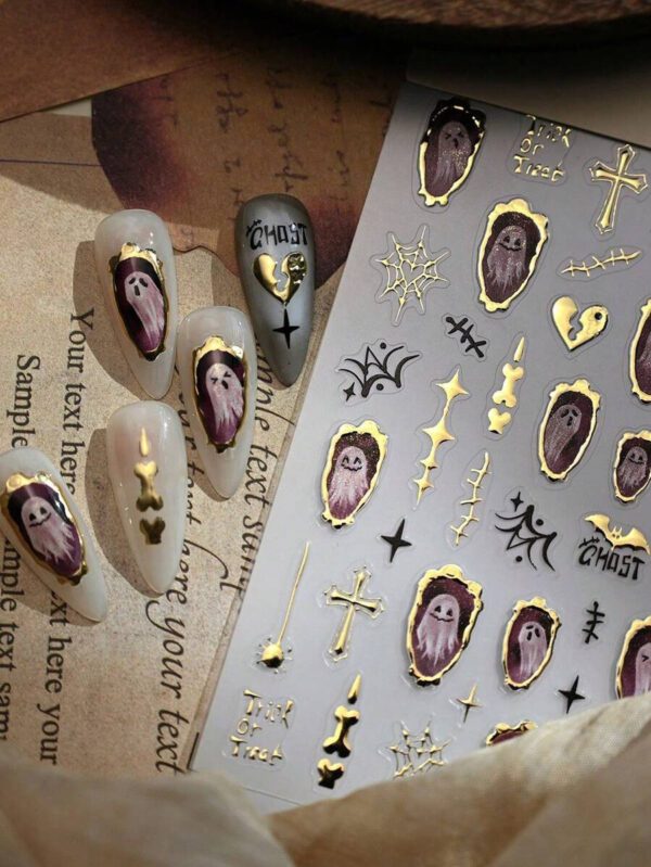 1/2/4 pièces [Cadre photo fantôme Journal] Autocollants pour ongles Style fantôme en relief estampé à chaud pour Halloween, autocollants adhésifs imperméables, mignons et sombres pour femmes – Image 5