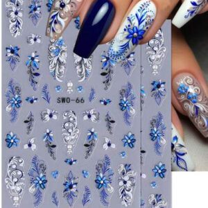 2 pièces Autocollants d'art pour ongles décalques 5D gaufrés à motifs de fleurs bleues. Designs d'art pour ongles avec fleurs dégradées, motifs de vignes et texture de pétales. Feuilles de recouvrement complet pour décoration des ongles. Accessoires de manucure.
