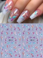 2 pièces Autocollants d'art pour ongles décalques 5D gaufrés à motifs de fleurs bleues. Designs d'art pour ongles avec fleurs dégradées, motifs de vignes et texture de pétales. Feuilles de recouvrement complet pour décoration des ongles. Accessoires de manucure. – Image 2
