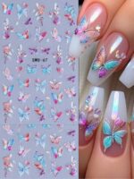 2 pièces Autocollants d'art pour ongles décalques 5D gaufrés à motifs de fleurs bleues. Designs d'art pour ongles avec fleurs dégradées, motifs de vignes et texture de pétales. Feuilles de recouvrement complet pour décoration des ongles. Accessoires de manucure. – Image 3