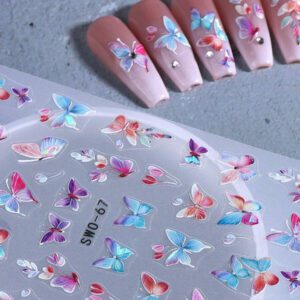 2 pièces Autocollants d'art pour ongles décalques 5D gaufrés à motifs de fleurs bleues. Designs d'art pour ongles avec fleurs dégradées, motifs de vignes et texture de pétales. Feuilles de recouvrement complet pour décoration des ongles. Accessoires de manucure.