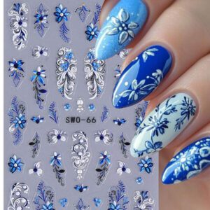 2 pièces Autocollants d'art pour ongles décalques 5D gaufrés à motifs de fleurs bleues. Designs d'art pour ongles avec fleurs dégradées, motifs de vignes et texture de pétales. Feuilles de recouvrement complet pour décoration des ongles. Accessoires de manucure.