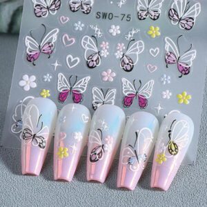 2 pièces Autocollants d'art pour ongles décalques 5D gaufrés à motifs de fleurs bleues. Designs d'art pour ongles avec fleurs dégradées, motifs de vignes et texture de pétales. Feuilles de recouvrement complet pour décoration des ongles. Accessoires de manucure.
