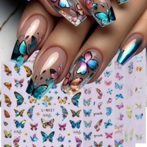 2 pièces Autocollants d'art pour ongles décalques 5D gaufrés à motifs de fleurs bleues. Designs d'art pour ongles avec fleurs dégradées, motifs de vignes et texture de pétales. Feuilles de recouvrement complet pour décoration des ongles. Accessoires de manucure.