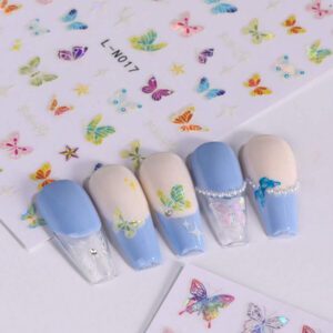 2 pièces Autocollants d'art pour ongles décalques 5D gaufrés à motifs de fleurs bleues. Designs d'art pour ongles avec fleurs dégradées, motifs de vignes et texture de pétales. Feuilles de recouvrement complet pour décoration des ongles. Accessoires de manucure.